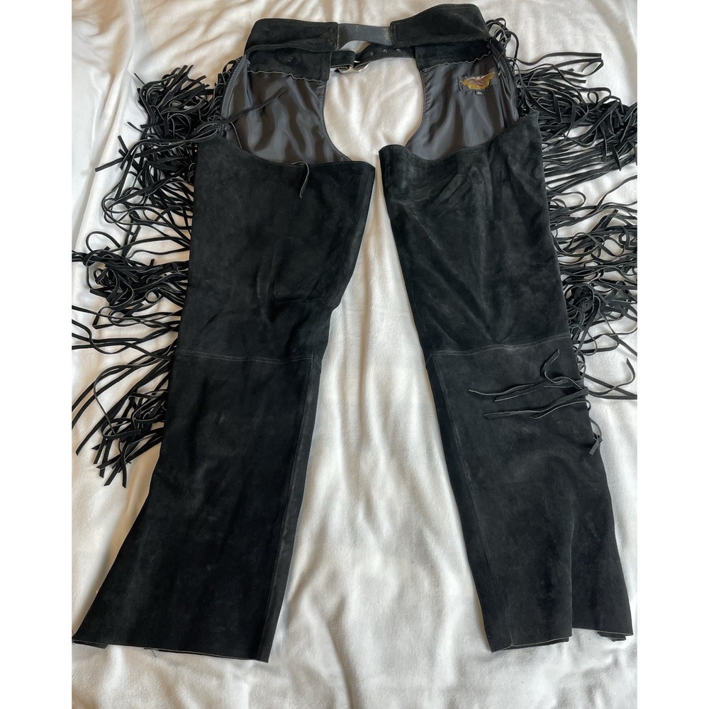 Harley Davidson Black Leather Chaps‎ with Fringe - Picture 12 of 13